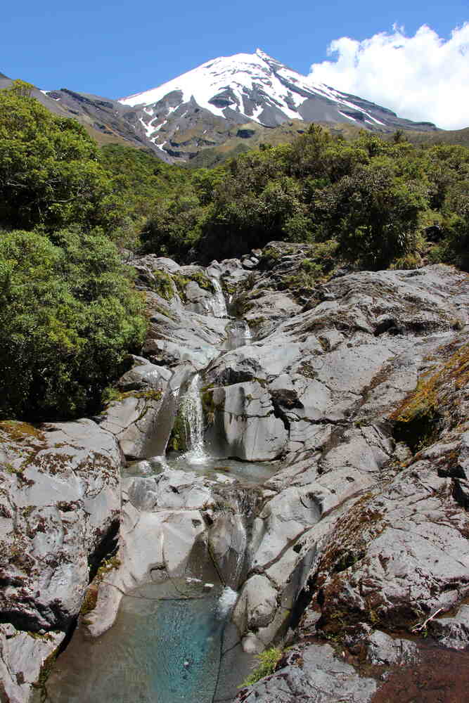Rocky pools on a river, surrounded by forest, with Mount Taranaki in the background