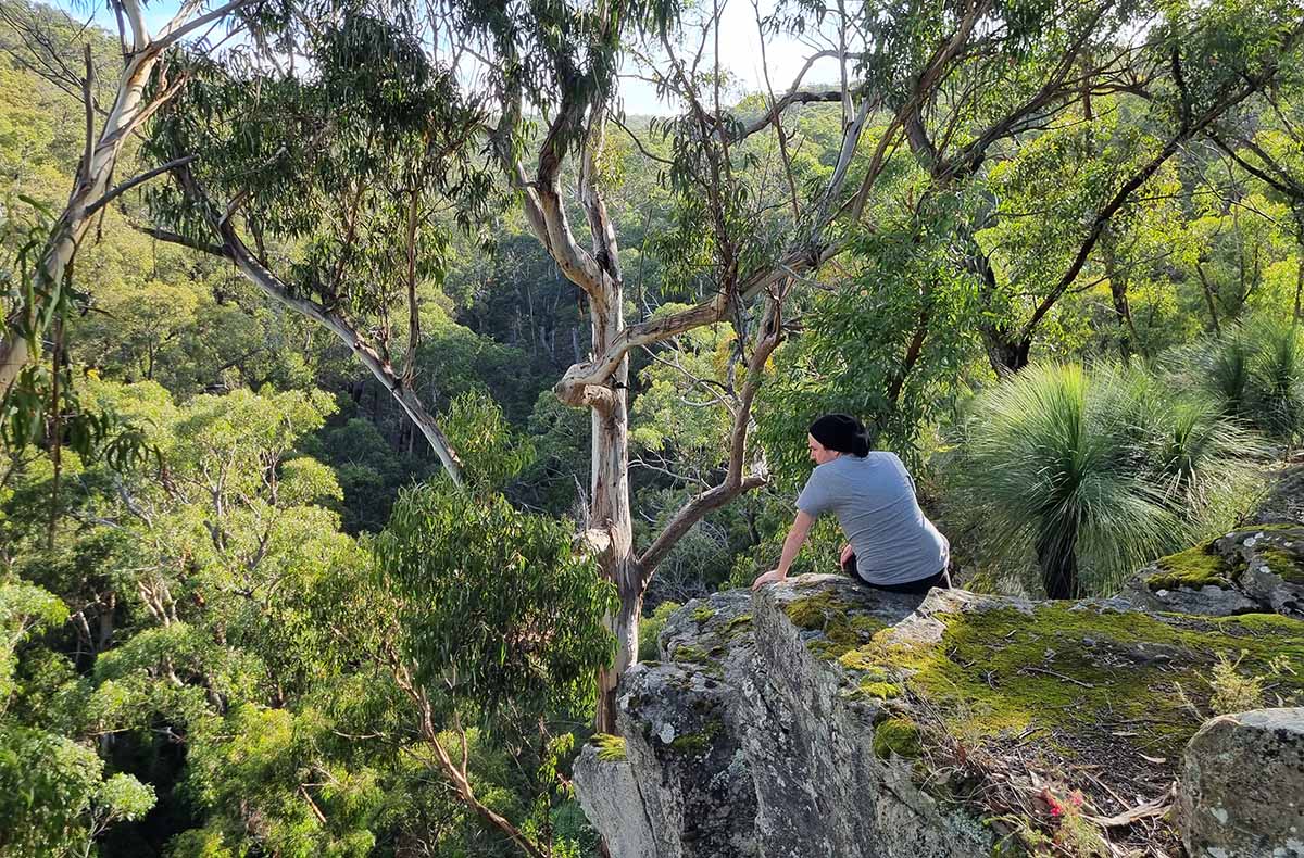 Sitting on the clifftop over Ironbark Gorge, on Currawong Falls Walking Track